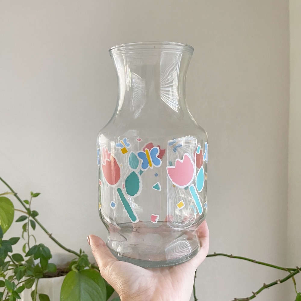 Vintage Jamie Glass Carafe Vase Pink Tulips Blue Butterflies Retro Floral Print